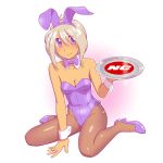  1girl animal_ears bowtie bunnysuit detached_collar dimchan fukusuke_hachi-gou highres nchallenge nchans pantyhose rabbit_ears short_hair silver_hair tray violet_eyes wrist_cuffs 