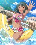  1girl bikini closed_eyes dark_skin floral_print girl_on_banana green_hair idolmaster idolmaster_cinderella_girls natalia_(idolmaster) official_art print_bikini short_hair swimsuit 