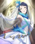  1girl armpits bare_shoulders blue_hair church dress earrings elbow_gloves feathers gloves idolmaster idolmaster_cinderella_girls jewelry official_art solo veil wakui_rumi 