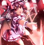  1girl bat_wings bow hat hat_bow highres niwashi_(yuyu) open_mouth outstretched_arm pointy_ears purple_hair red_eyes remilia_scarlet short_hair skirt skirt_set solo spear_the_gungnir touhou wings 
