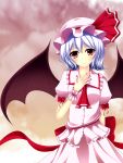  ascot bat_wings blouse blue_hair blush bow buttons collared_shirt cowboy_shot dress fingernails frilled_dress frilled_shirt frills hand_on_own_chest hat hat_bow head_tilt highres junior27016 large_bow mob_cap multicolored_background puffy_sleeves red_eyes remilia_scarlet ribbon short_sleeves skirt skirt_set smile standing touhou wings wristband 