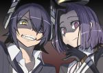  2girls eyepatch from_below gloves grin headgear kantai_collection looking_at_viewer mechanical_halo multiple_girls nuezou personification purple_hair short_hair smile tatsuta_(kantai_collection) tenryuu_(kantai_collection) violet_eyes yellow_eyes 