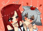  2girls animal_ears bare_shoulders biting blush fang hand_biting heart heikouidou_(seraeno) imaizumi_kagerou inubashiri_momiji multiple_girls nervous sweatdrop touhou translation_request wolf_ears 