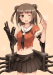  1girl blush brown_eyes brown_hair double_bun double_v elbow_gloves gloves kantai_collection kouno_hikaru looking_at_viewer naka_(kantai_collection) navel open_mouth skirt smile solo tears torn_clothes v 
