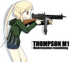  1girl aiming blonde_hair gun magazine_(weapon) minipat original ponytail red_eyes shorts submachine_gun thompson_submachine_gun vertical_foregrip weapon 