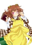  1girl adjusting_glasses apron bell book brown_hair character_name checkered clothes_writing glasses hair_bell hair_ornament highres himenomikan japanese_clothes motoori_kosuzu pink_eyes smile touhou wide_sleeves 