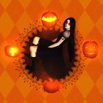  bat black boots dress halloween jack-o&#039;-lantern lips long_hair lycoris make-up orange pumpkins purple_hair 