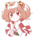  1girl bell blush bust checkered hair_bell hair_ornament japanese_clothes jingle_bell long_sleeves looking_at_viewer mitsumoto_jouji motoori_kosuzu red_eyes redhead short_hair simple_background sketch smile solo touhou twintails white_background 