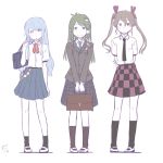  3girls adapted_costume alternate_costume bag blue_hair brown_hair checkered checkered_skirt green_eyes green_hair himekaidou_hatate hinanawi_tenshi kawashina_(momen_silicon) kochiya_sanae multiple_girls necktie pigeon-toed pleated_skirt red_eyes school_bag school_uniform shoes skirt touhou twintails uwabaki 