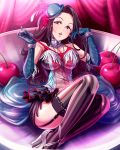  1girl black_hair black_legwear breasts cleavage elbow_gloves garter_belt gloves idolmaster idolmaster_cinderella_girls long_hair looking_at_viewer official_art solo takahashi_reiko thighhighs violet_eyes 