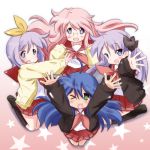  4girls ahoge blue_eyes blue_hair blush cardigan glasses green_eyes hiiragi_kagami hiiragi_tsukasa izumi_konata jumping long_hair lucky_star mizushima_(p201112) mole multiple_girls open_mouth pink_hair purple_hair school_uniform serafuku short_hair smile takara_miyuki twintails violet_eyes wink 