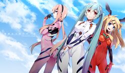  3girls aqua_hair ayanami_rei ayanami_rei_(cosplay) bespectacled blonde_hair blue_eyes clouds copyright_name glasses hair_ornament hairclip hatsune_miku highres ichinose_yukino kagamine_rin long_hair makinami_mari_illustrious makinami_mari_illustrious_(cosplay) megurine_luka multiple_girls neon_genesis_evangelion open_mouth pink_hair plugsuit red_eyes sky souryuu_asuka_langley souryuu_asuka_langley_(cosplay) twintails very_long_hair vocaloid 