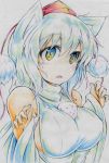  1girl absurdres animal_ears bare_shoulders breasts bust colored_pencil_(medium) detached_sleeves fang grey_eyes hat hat_ribbon highres inubashiri_momiji kitazinger large_breasts long_sleeves open_mouth ribbon shirt sideboob silver_hair solo tokin_hat touhou traditional_media wide_sleeves wolf_ears 