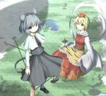  2girls animal_ears bishamonten&#039;s_pagoda capelet daitai dowsing_rod expressionless flying from_above grass grey_hair hagoromo hair_ornament jewelry lake layered_dress long_sleeves looking_at_viewer mouse_ears mouse_tail multicolored_hair multiple_girls nazrin outdoors pendant red_eyes shadow shawl skirt skirt_set tail tiger_print toramaru_shou touhou tree two-tone_hair wide_sleeves yellow_eyes 