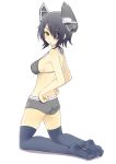  1girl b-man bikini breasts eyepatch hands_on_hips headgear kantai_collection kneeling looking_at_viewer personification purple_hair short_hair sideboob solo swimsuit tenryuu_(kantai_collection) thighhighs yellow_eyes 