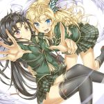  2girls black_eyes black_hair blonde_hair blue_eyes blush boku_wa_tomodachi_ga_sukunai butterfly_hair_ornament fang hair_ornament kashiwazaki_sena kukkumann long_hair mikazuki_yozora multiple_girls school_uniform smile thighhighs 