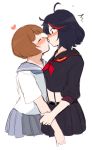  2girls ahoge black_hair blush brown_hair heart holding_arm kill_la_kill kiss mankanshoku_mako matoi_ryuuko midriff moonexplorers multiple_girls school_uniform senketsu serafuku short_hair skirt suspenders yuri 