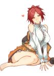  1girl arm_support azanami_(pso2) bare_shoulders barefoot blush breasts heart jacket large_breasts phantasy_star phantasy_star_online_2 redhead short_hair simple_background sitting smile solo tokiwa_mmm v_arms white_background yellow_eyes 