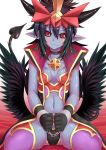 1girl bare_shoulders black_gloves black_sclera black_wings blue_hair blue_skin choker collarbone cuffs demon_girl demon_tail female frown gloves head_tilt highres horns jewelry long_hair low_wings mephisto_pheles_(shinrabanshou) midriff navel necklace pendant pointy_ears red_eyes restrained shinrabanshou sitting solo sweat tail thighhighs thighs thukimidanngo very_long_hair wariza wings 