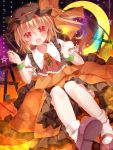  1girl adapted_costume ascot blonde_hair blush brooch crescent_moon cross crystal fang flandre_scarlet halloween hat highres jewelry mog_(artist) moon pumpkin red_eyes ribbon short_hair side_ponytail sitting skirt skull smile solo star touhou vest wand wings 