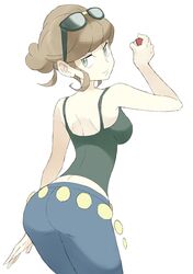  1girl bare_shoulders beauty_(pokemon) blue_eyes brown_hair hair_bun jeans poke_ball pokemon pokemon_(game) pokemon_xy solo souji sunglasses sunglasses_on_head 