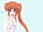  1girl blue_background blush breasts brown_hair finger_to_mouth frapowa heart long_hair looking_at_viewer lyrical_nanoha mahou_shoujo_lyrical_nanoha_strikers side_ponytail simple_background solo takamachi_nanoha very_long_hair 