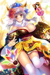  1girl a.yuuki animal_ears breasts cleavage flower geta hair_flower hair_ornament japanese_clothes kimono large_breasts long_hair original seiken_orochi_chronicle silver_hair smile solo tail thighhighs white_legwear yellow_eyes 