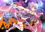  1girl ;d halloween highres long_hair nail_polish nanaroba_hana navel open_mouth original outstretched_arms purple_hair skirt smile sparkle striped striped_legwear thighhighs violet_eyes wand wink 
