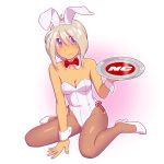  1girl animal_ears bowtie bunnysuit detached_collar dimchan fukusuke_hachi-gou highres nchallenge nchans pantyhose rabbit_ears short_hair silver_hair tray violet_eyes wrist_cuffs 