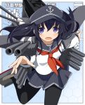  1girl akatsuki_(kantai_collection) black_hair black_legwear blue_eyes blush cannon flat_cap hat kantai_collection long_hair open_mouth pantyhose personification school_uniform serafuku skirt solo torpedo turret wara_(warapro) 