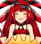 1girl aka_no_ripika bare_shoulders beatmania beatmania_iidx bemani blush closed_eyes eating food food_themed_clothes hair_ornament hat highres long_hair omurice open_mouth redhead smile solo spoon udongein 