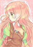  1girl buttons green_eyes green_shirt jinrui_wa_suitai_shimashita neck_ribbon pink_background pink_hair ppppa ribbon vest watashi_(jintai) 