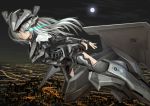  1girl airplane aqua_eyes bodysuit city clouds fighter_jet flying highres highway jet mecha_musume military moon night personification silver_hair sky solo tom-neko_(zamudo_akiyuki) us_air_force yf-23 