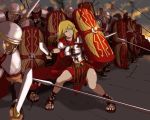 1girl armor arrow artist_request battle blonde_hair centurion green_eyes helmet polearm roman sandals shield spear sword weapon 