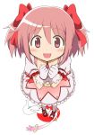  1girl bow bubble_skirt creature gloves hair_bow kamelie kaname_madoka kyubey magical_girl mahou_shoujo_madoka_magica mary_janes official_style pink_eyes pink_hair shoes short_hair short_twintails skirt smile stepping twintails white_background 