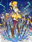  1girl blonde_hair boots dress drill_hair flower gloves gun hat magical_girl magical_musket mahou_shoujo_madoka_magica over-kneehighs ribbon rosebush skirt smile solo thigh-highs tomoe_mami twin_drills twintails weapon yellow_eyes 