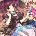  1girl biyon black_dress blush brown_eyes brown_hair dress gradient_hair hat hijiri_byakuren jewelry layered_dress long_hair looking_at_viewer multicolored_hair necklace open_mouth puffy_sleeves purple_hair scroll short_sleeves solo touhou white_dress 