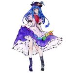 1girl blue_hair boots hat hinanawi_tenshi long_hair long_skirt red_eyes shiro_(reptil) simple_background skirt skirt_lift solo standing touhou white_background 