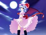  ascot bat_wings black_legwear blouse blue_background blue_hair bow clouds dress facing_away frilled_dress frilled_shirt frilled_skirt frills full_moon hat hat_bow highres junior27016 kneehighs large_bow mob_cap moon moonlight outstretched_hand red_eyes remilia_scarlet ribbon skirt skirt_set sky smile standing star_(sky) touhou turning wings wristband 