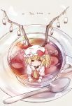 1girl ascot blonde_hair bow cup doughnut eating english flandre_scarlet frills hat hat_bow ivy1993 looking_at_viewer looking_up minigirl plate red_eyes side_ponytail spoon tea tea_bag teacup touhou wings 