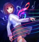 1girl blouse brown_hair clouds headband light_trail long_sleeves looking_at_viewer masa07240 musical_staff night open_mouth outdoors short_hair skirt solo touhou treble_clef tsukumo_yatsuhashi violet_eyes 