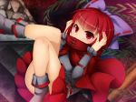  1girl aldiana boots bow cape covering_mouth hair_bow hand_on_head long_sleeves nukekubi red_eyes redhead sekibanki short_hair skirt solo touhou 