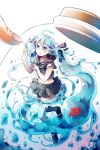  1girl ahoge blue_eyes blue_hair bottle bottle_miku fish hair_ribbon hatsune_miku in_bottle in_container liquid_hair long_hair midriff minigirl ribbon school_uniform serafuku skirt smile thighhighs unagi_(27mg) very_long_hair vocaloid 