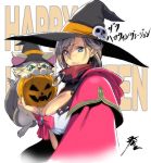  1girl breasts brown_hair cape cat cleavage halloween hat homare_(fool&#039;s_art) large_breasts light_smile looking_at_viewer queen&#039;s_blade simple_background solo white_background witch_hat zara_(queen&#039;s_blade) 