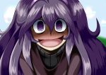  1girl @_@ bags_under_eyes blush full-face_blush hairband hex_maniac_(pokemon) long_hair npc open_mouth pokemon pokemon_(game) pokemon_xy purple_hair ribbed_sweater smile soboro_(jitome_dan) solo sweater violet_eyes 