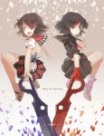  2girls black_hair blue_eyes dress gloves highres horns kijin_seija kill_la_kill look-alike maiwetea matoi_ryuuko multiple_girls open_mouth puffy_sleeves red_eyes red_gloves redhead school_uniform scissors serafuku shirt short_sleeves skirt smile streaked_hair touhou white_dress 