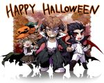  3boys black_hair brown_eyes brown_hair cape dangan_ronpa fujisaki_chihiro grin halloween hat holding_hands ishimaru_kiyotaka long_hair multiple_boys oowada_mondo pumpkin red_eyes short_hair smile trap uniform wings 