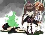  3girls anger_vein angry bare_shoulders black_hair brown_hair checkered checkered_skirt detached_sleeves hat heart himekaidou_hatate long_hair mizuhashi_parsee multiple_girls pointy_ears shameimaru_aya short_hair skirt tokin_hat torn_clothes touhou twintails wings yohane 