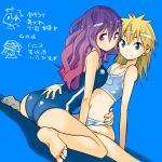  2girls ass bare_shoulders barefoot becky_(teriyaki) blonde_hair blue_background blue_eyes breast_press breasts brown_eyes character_request dutch_angle feet flat_chest hand_on_back large_breasts long_hair looking_at_viewer multiple_girls navel one-piece_swimsuit original purple_hair sitting smile spiky_hair swimsuit teriyaki violet_eyes wariza 