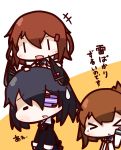  &gt;_&lt; 3girls absurdres blush blush_stickers brown_hair chibi highres human_tower ikazuchi_(kantai_collection) inazuma_(kantai_collection) kantai_collection multiple_girls nu-nyu personification purple_hair stacking tenryuu_(kantai_collection) white_background |_| 